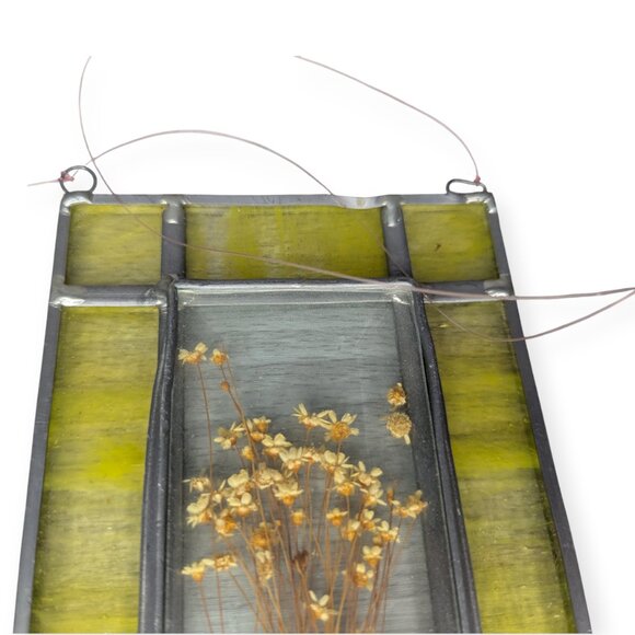 Rectangular Stained Leaded Glass Panel with Dried Floral Accent 8" x 4" x 1/2" - Picture 2 of 12